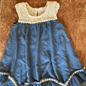 Blue Denim with White Floral Lace Dress - ~4T